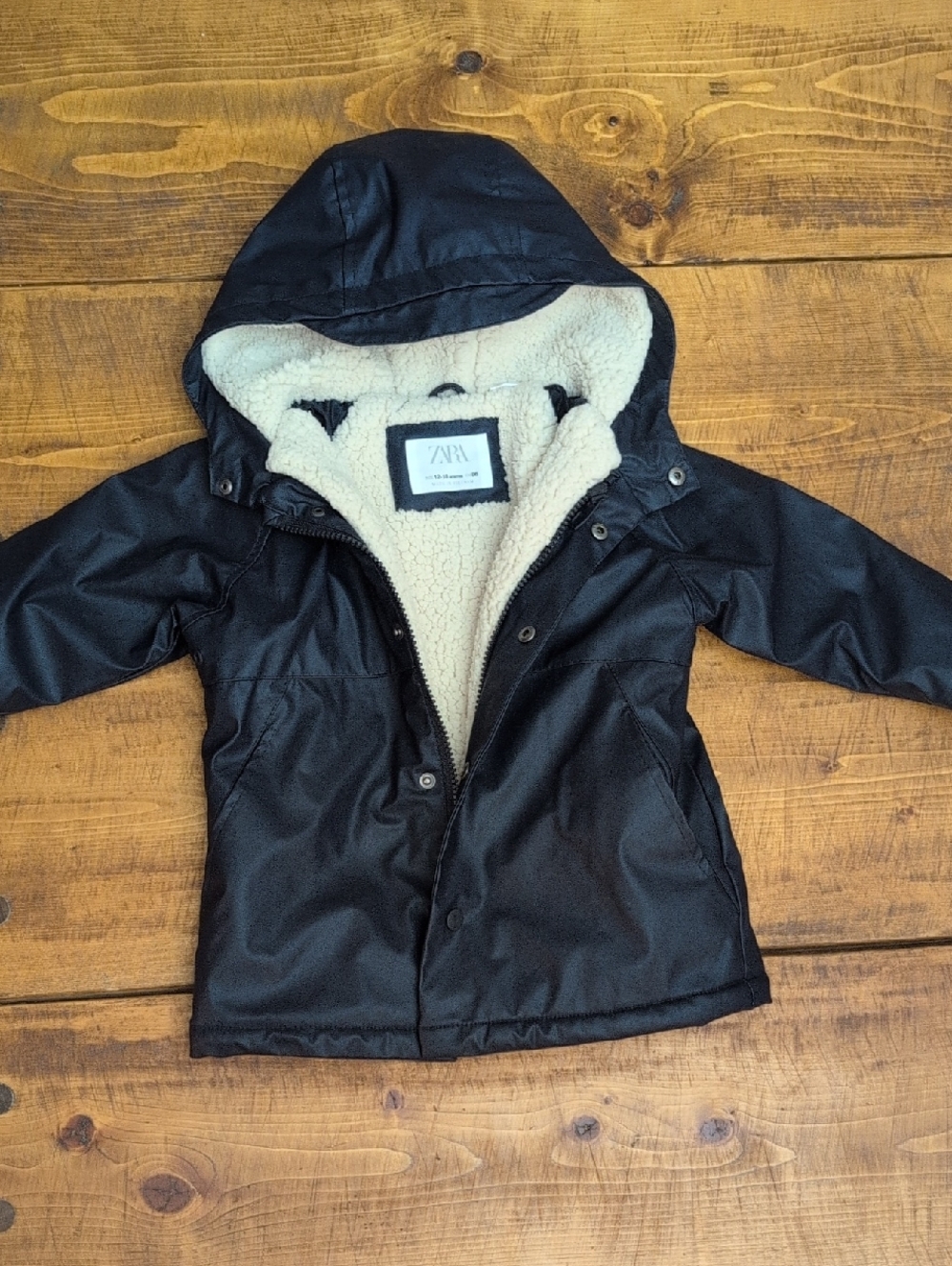 Zara Kids Navy Hooded Puffer Coat with Cream Sherpa Lining